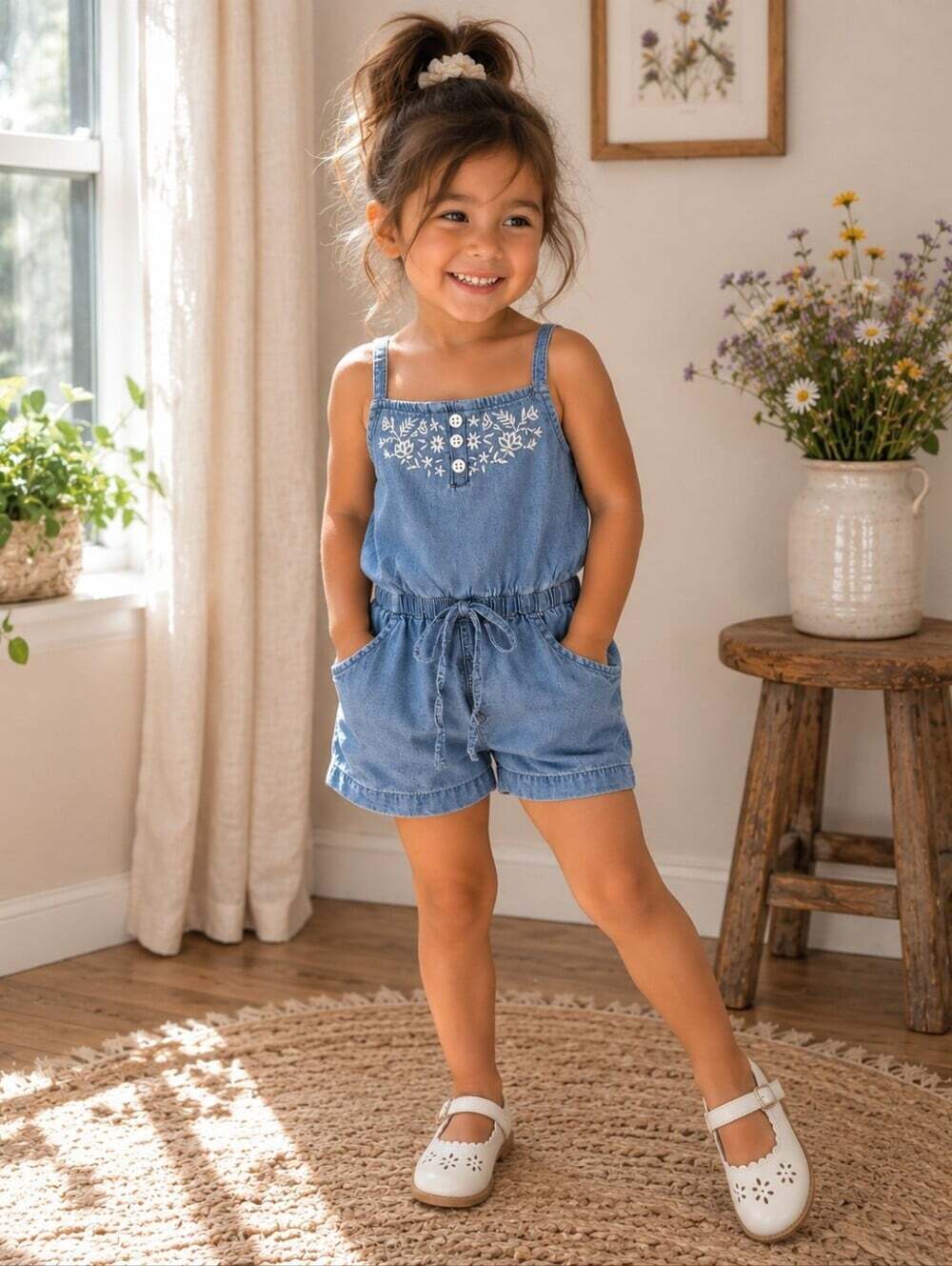 Carter's 3T Chambray Romper Toddler Girls Embroidered Summer One Piece Blue